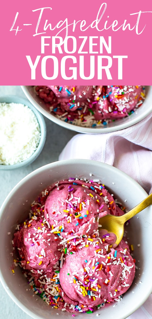 This Easiest 4-Ingredient Frozen Yogurt comes together with just bananas, berries, Greek yogurt and honey - this healthy treat is ready in just 4 hours! #frozenyogurt