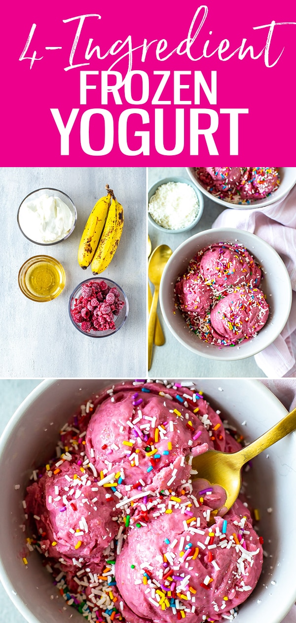 This Easiest 4-Ingredient Frozen Yogurt comes together with just bananas, berries, Greek yogurt and honey - this healthy treat is ready in just 4 hours! #frozenyogurt