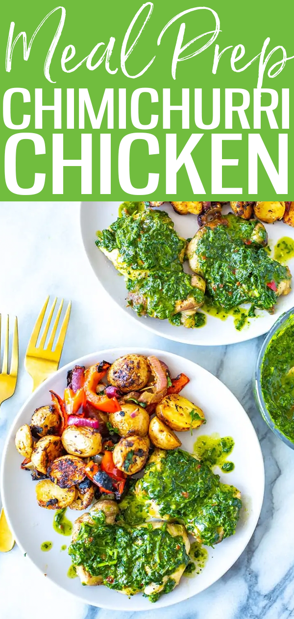 This Chimichurri Chicken can be made in a skillet, the oven or on the grill. The parsley-based sauce is a taste of summer you'll want to make over & over! #chimichurrichicken #mealprep