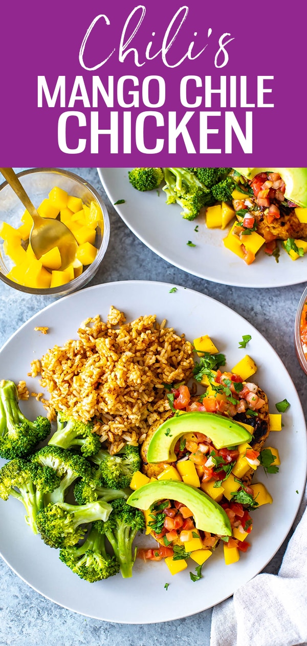 This Mango Chile Chicken is a perfect Chili's copycat. It's loaded with chile spices, mango glaze & topped with diced mango, cilantro, pico and avocado. #mangochilechicken #chilis
