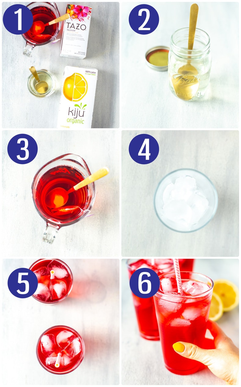 Step-by-step instructions collage for making Starbucks passion tea lemonade.