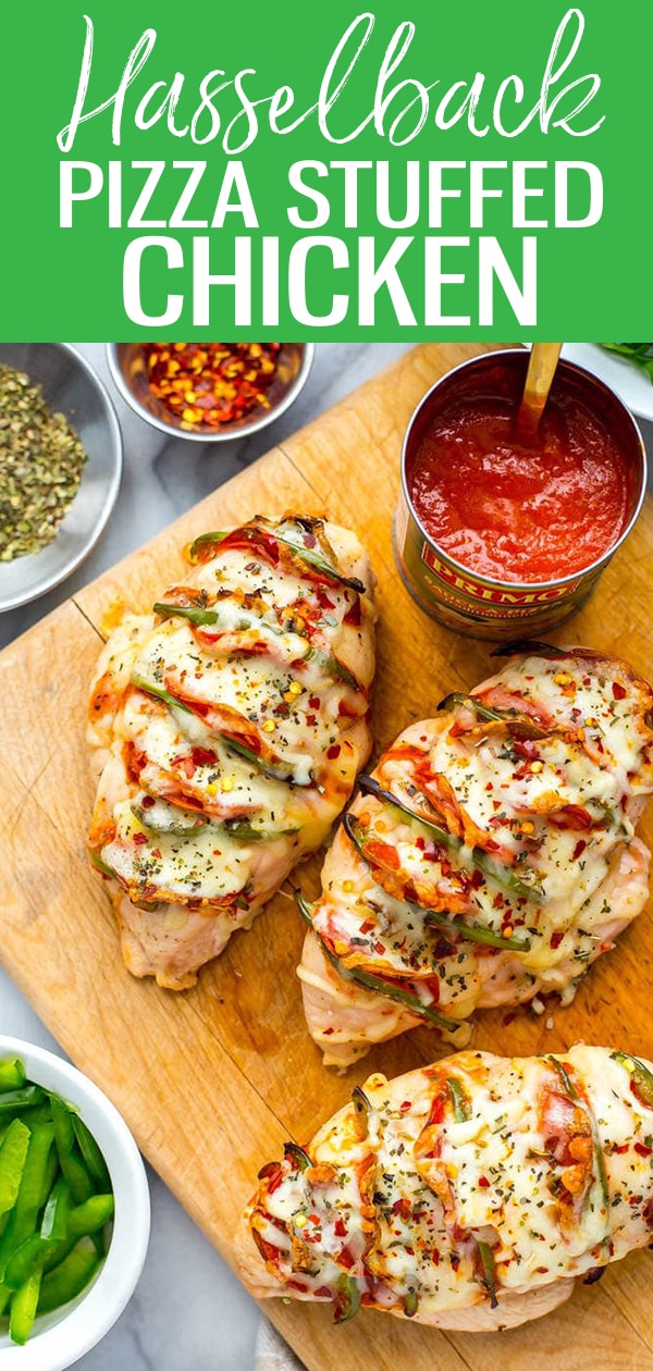 This Hasselback Pizza Stuffed Chicken is a delicious way to spice up boring old chicken breasts and satisfy your pizza craving at the same time! #pizzachicken #stuffedchicken