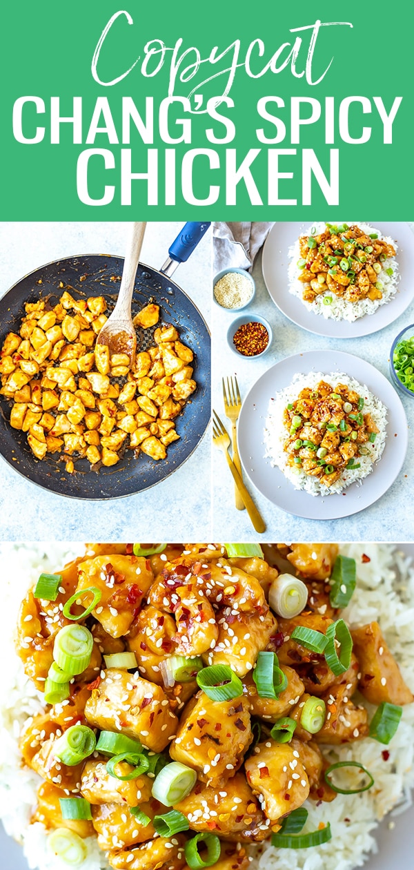 This Copycat Chang's Spicy Chicken recipe is the perfect sweet and spicy stir fry served over rice and garnished with sesame seeds and scallions! #changsspicychicken