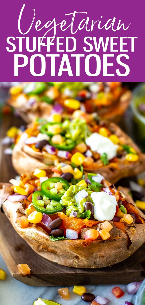 These Stuffed Sweet Potatoes are vegetarian and stuffed with black beans, Monterey jack cheese, guacamole, pico de gallo and jalapenos! #stuffedsweetpotatoes