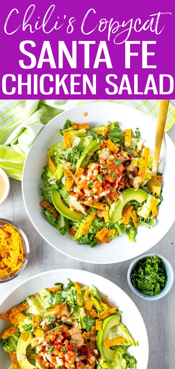This Santa Fe Chicken Salad is a perfect Chili's copycat recipe loaded with spicy chicken, yummy veggies, tortilla strips and Santa Fe sauce. #chilis #santafesalad
