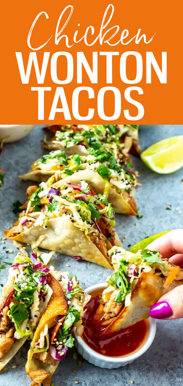 These Applebee's Chicken Wonton Tacos are filled with honey-garlic chicken, sweet chili sauce and zesty Asian slaw stuffed into crispy wonton shell. #wontontacos #applebees