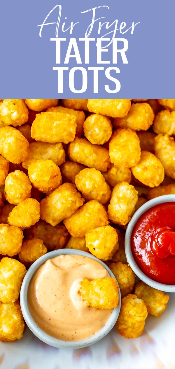 This is the easiest way to cook frozen Tater Tots in the Air Fryer - plus get my bonus recipe for delicious dipping sauce you can make while they're frying! #airfryer #tatertots