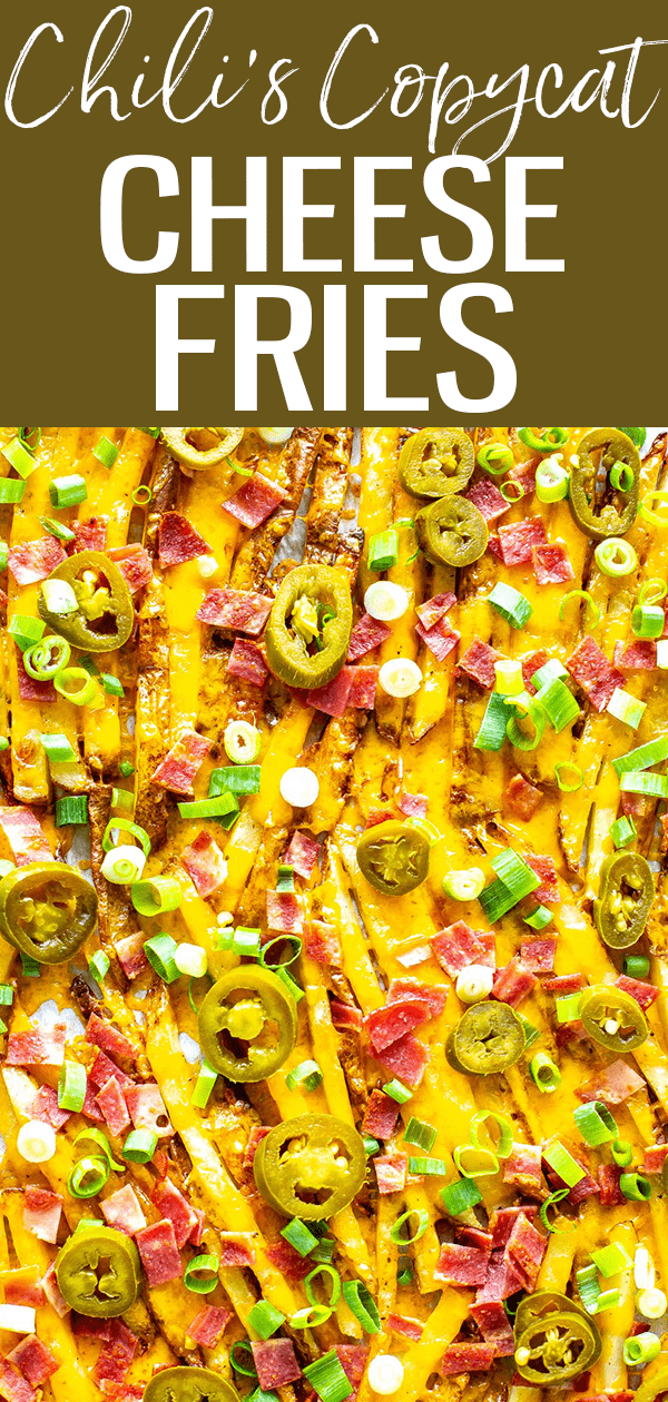 These Chili's Texas Cheese Fries are made with homemade fries, shredded cheese, bacon, jalapeños and green onions, served with a side of ranch. #chiliscopycat #cheesefries