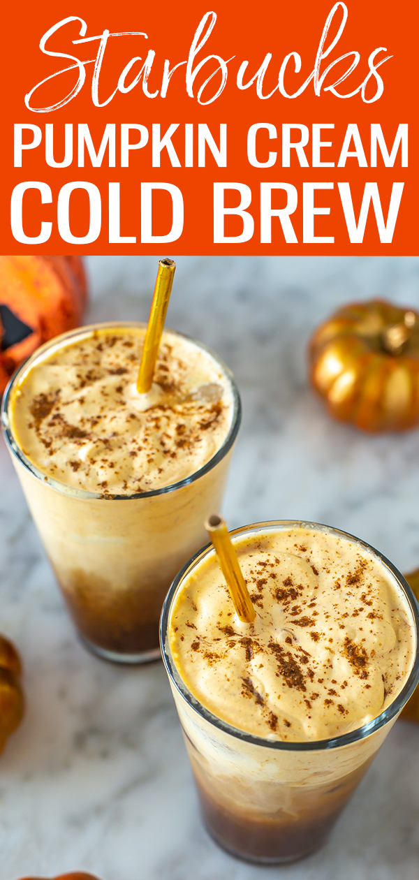 This Pumpkin Cream Cold Brew Coffee is a close copy cat of the Starbucks iced coffee recipe, and it's so perfect for fall. Bonus: it's got real pumpkin in it!  #starbucksrecipes #pumpkincream #coldbrew
