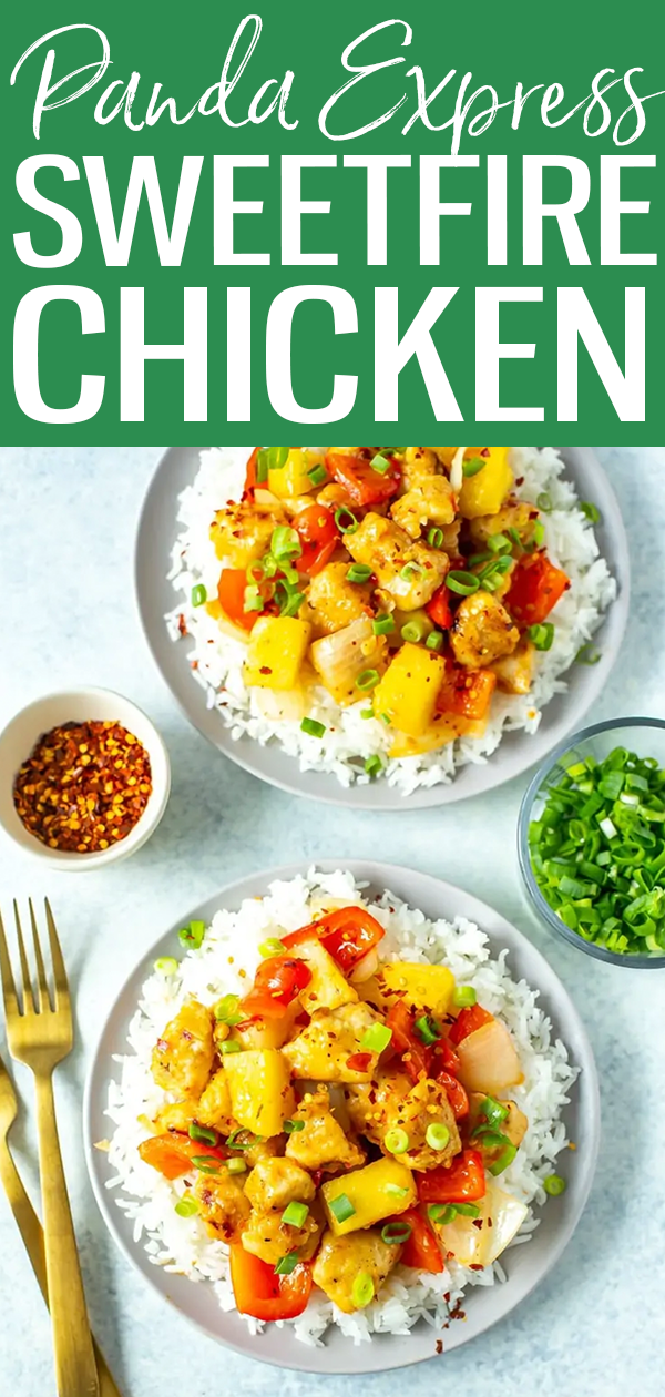 This Sweetfire Chicken is a perfect Panda Express copycat with chicken, red pepper, onion and pineapple in a spicy sweet chili sauce. #sweetfirechicken #pandaexpress