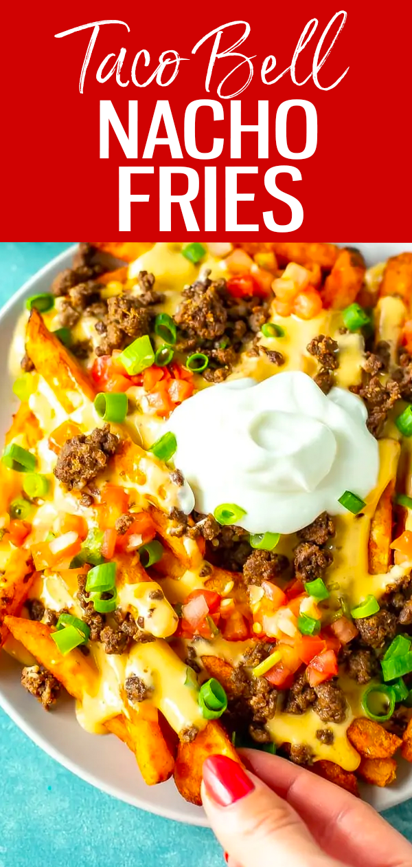 These Taco Bell Nacho Fries, aka fries supreme, are smothered in delicious nacho cheese, pico de gallo, ground beef and sour cream.  #tacobell #nachofries #friessupreme