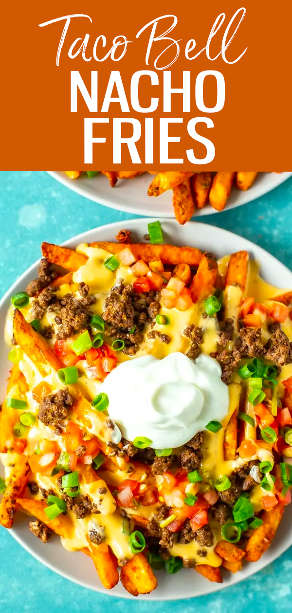 These Taco Bell Nacho Fries, aka fries supreme, are smothered in delicious nacho cheese, pico de gallo, ground beef and sour cream.  #tacobell #nachofries #friessupreme
