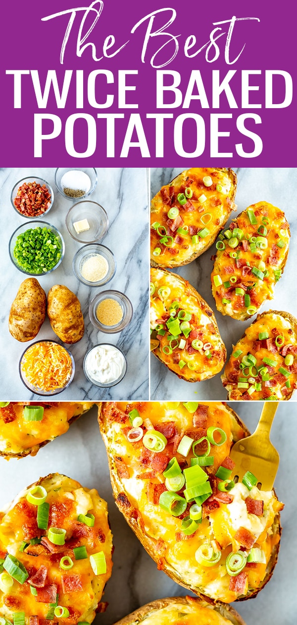 These Ultimate Twice Baked Potatoes are just like the ones you get at a steakhouse - they're stuffed with bacon, cheddar, scallions and sour cream. #twicebakedpotatoes