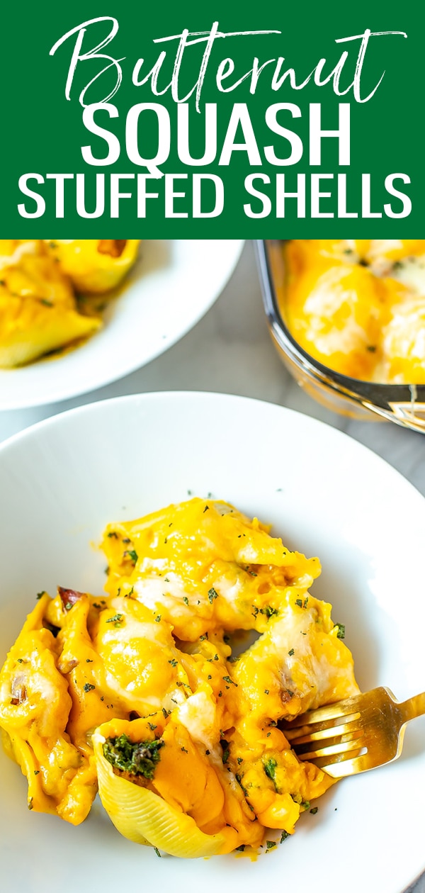These Butternut Squash Stuffed Shells are filled with turkey sausage, kale & red onion, then smothered in butternut squash sauce and mozzarella cheese. #butternutsquash #stuffedshells