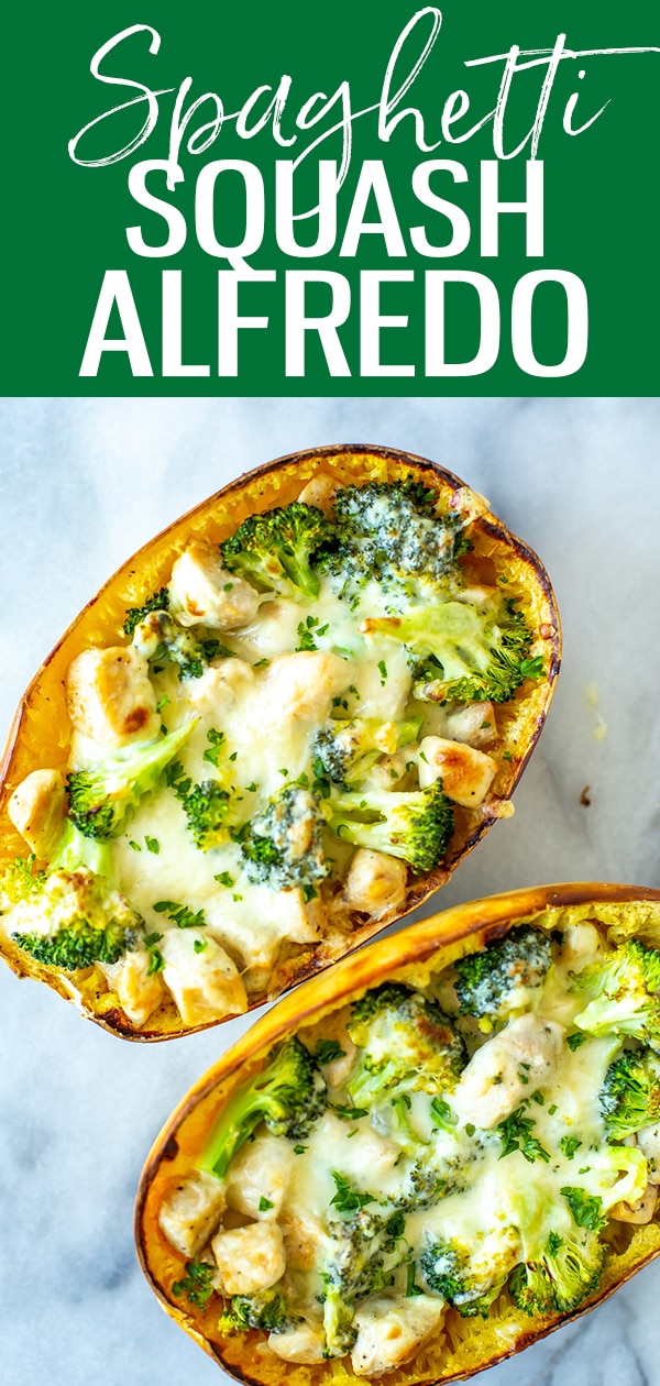 This Spaghetti Squash Alfredo is a delicious, low carb twist on the classic pasta recipe. You'll shave several calories off the dish while enjoying all the flavor! #spaghettisquash #alfredo #lowcarb