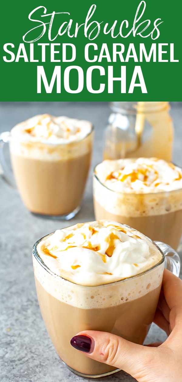 This Starbucks Salted Caramel Mocha is a perfect copycat! Made with coffee & steamed milk, it's topped with whipped cream & salted caramel. #starbucks #saltedcaramelmocha