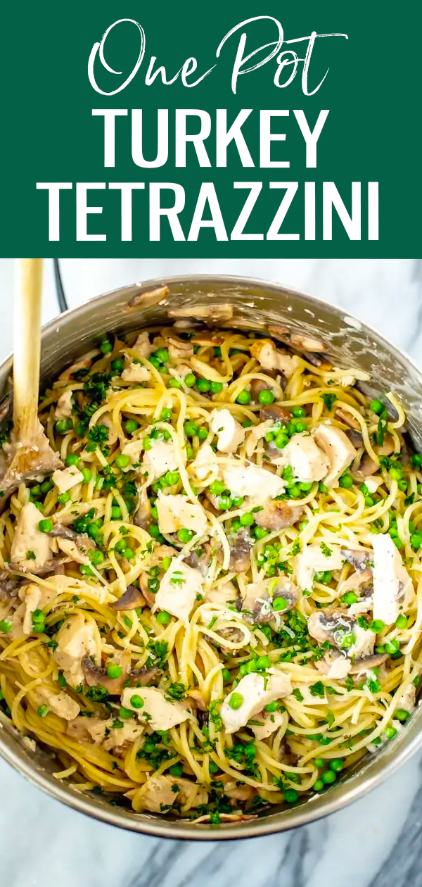 This is the best EVER Turkey Tetrazzini - this cheesy, creamy pasta dish with mushrooms and peas makes leftover turkey delicious again. #turkeytetrazzini #onepotpasta