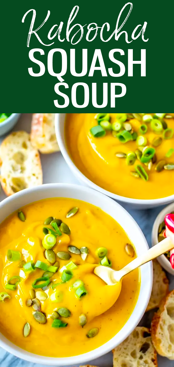 This is the BEST velvety Kabocha Squash Soup - the squash is roasted in the oven with loads of garlic, making the flavor so rich and delicious. #kabochasquash #souprecipes