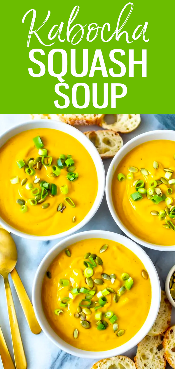 This is the BEST velvety Kabocha Squash Soup - the squash is roasted in the oven with loads of garlic, making the flavor so rich and delicious. #kabochasquash #souprecipes