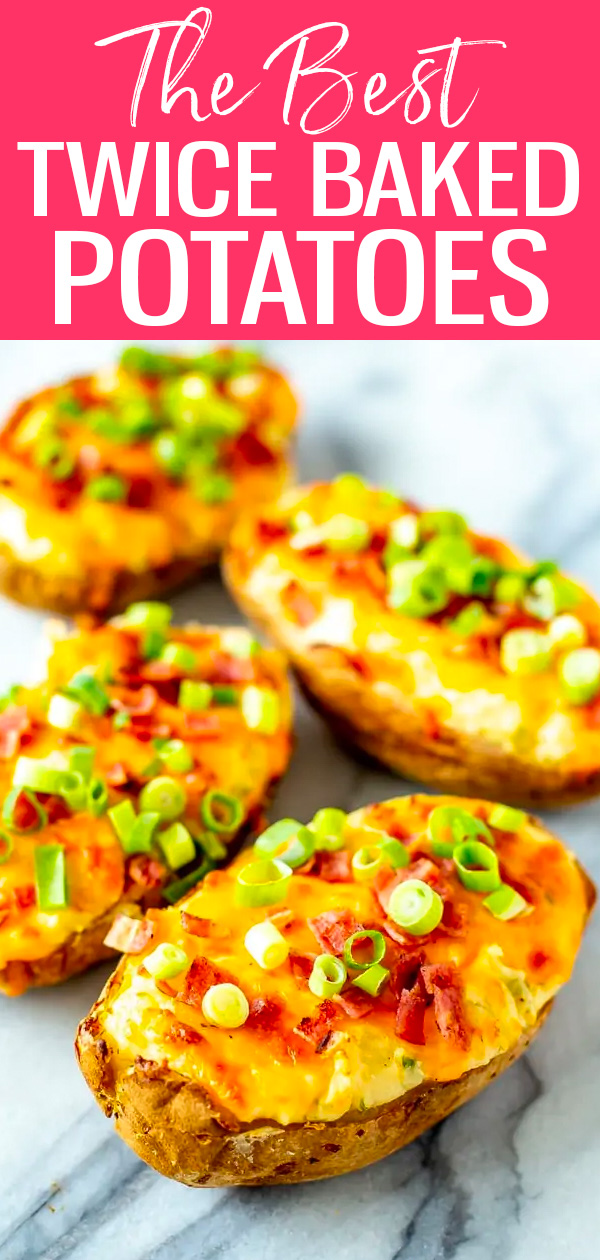These Ultimate Twice Baked Potatoes are just like the ones from the steakhouse, stuffed with bacon, cheddar, scallions and sour cream. #twicebakedpotatoes