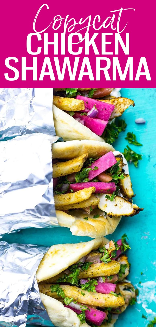 This chicken shawarma recipe comes complete with tabouli, homemade garlic sauce and pickled turnips, all stuffed into a warm pita. #chickenshawarma