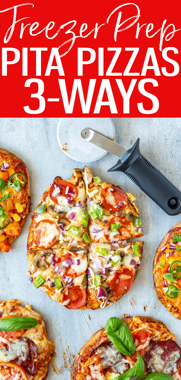 Here's how to make Pita Pizza 3 Ways (veggie, margherita and Tex Mex) – they're so great for meal prep and make fantastic freezer meals. #freezerfriendly #pitapizzas #threeways