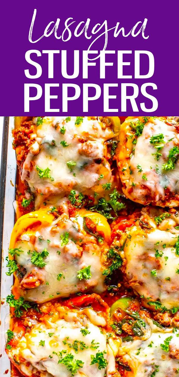 These Low Carb Lasagna Stuffed Peppers are filled with ground beef, ricotta, spinach and pasta sauce then topped with mozzarella cheese! #lowcarb #stuffedpeppers