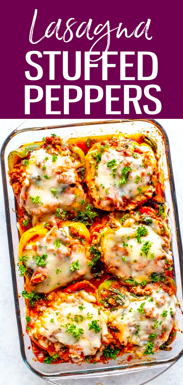 These Low Carb Lasagna Stuffed Peppers are filled with ground beef, ricotta, spinach and pasta sauce then topped with mozzarella cheese! #lowcarb #stuffedpeppers