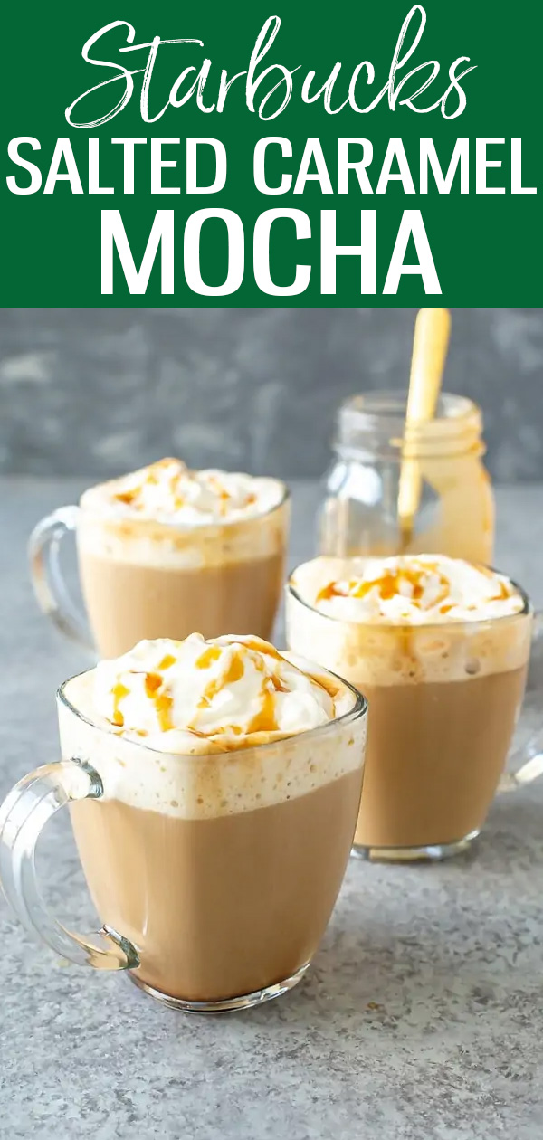 This Starbucks Salted Caramel Mocha is a perfect copycat! It’s made with homemade sauce then topped with whipped cream and salted caramel. #starbucks #saltedcaramelmocha