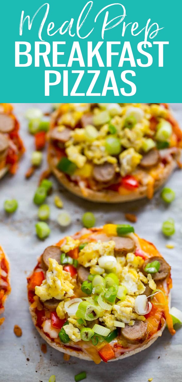 These Freezer-Friendly Mini Breakfast Pizzas are the perfect grab and go breakfast. Pop one in the microwave and enjoy on-the-go! #mealprep #breakfastpizzas