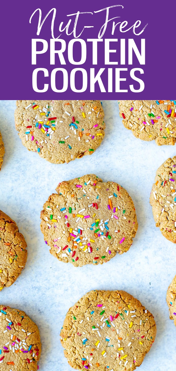 These Nut-free Funfetti Protein Cookies are flourless. Made with sunflower butter, whey protein, egg and honey they're healthier, too! #funfetti #nutfree #proteincookies