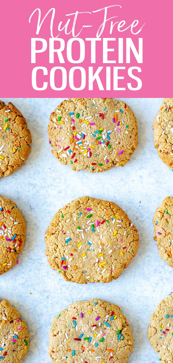 These Nut-free Funfetti Protein Cookies are flourless. Made with sunflower butter, whey protein, egg and honey they're healthier, too! #funfetti #nutfree #proteincookies