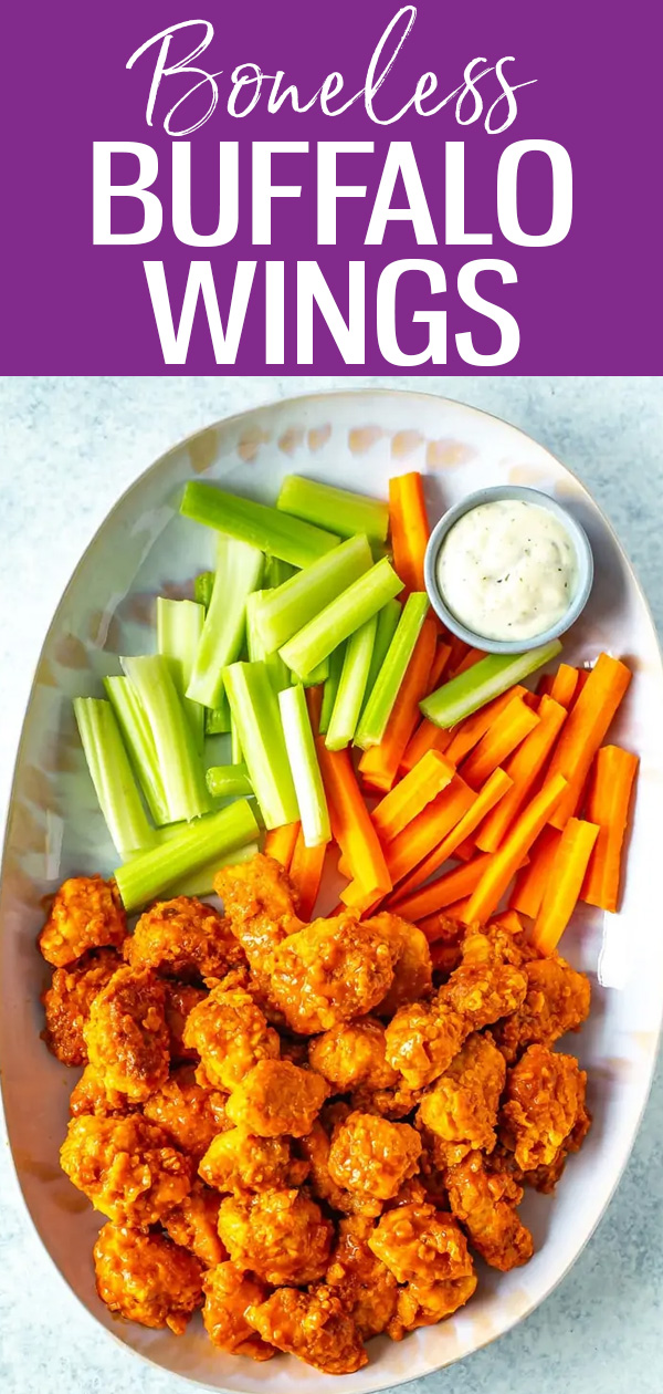 These Buffalo-BBQ Boneless Wings are the perfect restaurant copycat. Make them in the Air Fryer or on the stovetop in less than 30 minutes! #bonelesswings #buffalowings