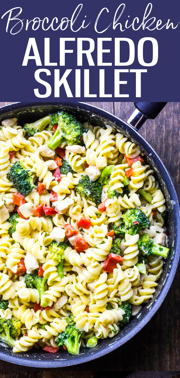 This Broccoli Chicken Alfredo Skillet is a delicious, 30-minute weeknight pasta dinner made with a lighter, healthier alfredo sauce. #broccolialfredo