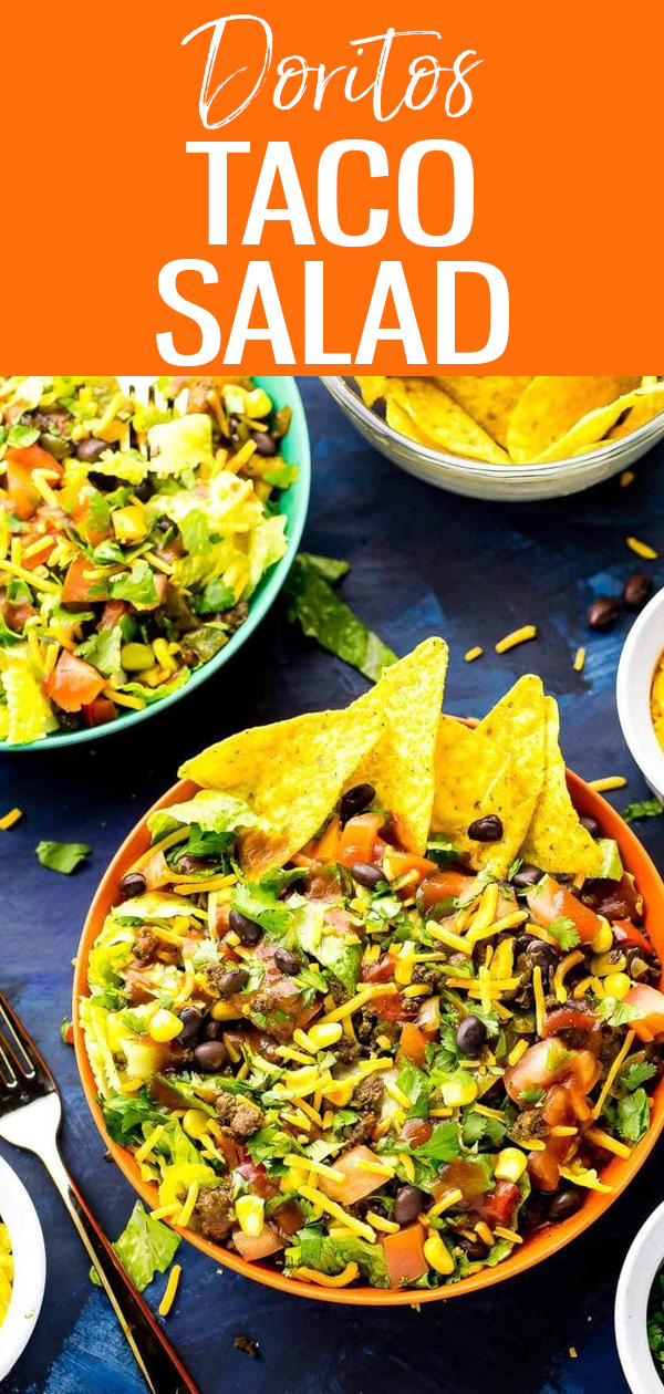 This Dorito Taco Salad is a fun 20-minute dinner idea made with crunchy Cool Ranch Doritos, fresh veggies, cheese and taco sauce. #doritos #tacosalad