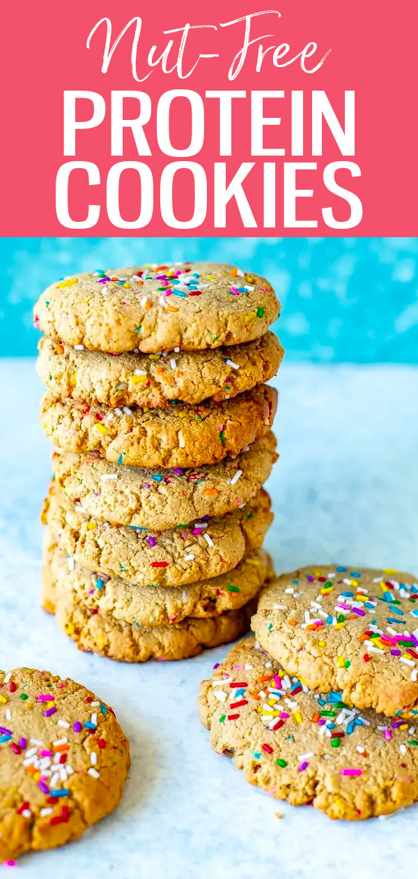 These Nut-Free Funfetti Protein Cookies are a healthier version of your favourite dessert with no flour – all you need are five ingredients! #funfetti #nutfree #proteincookies