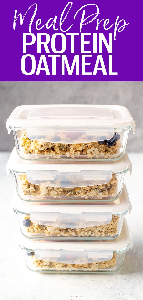 This Meal Prep Protein Oatmeal is made with rolled oats, almond milk, protein powder, hemp hearts & pumpkin seeds - it's got 18g of protein! #mealprep #proteinoatmeal