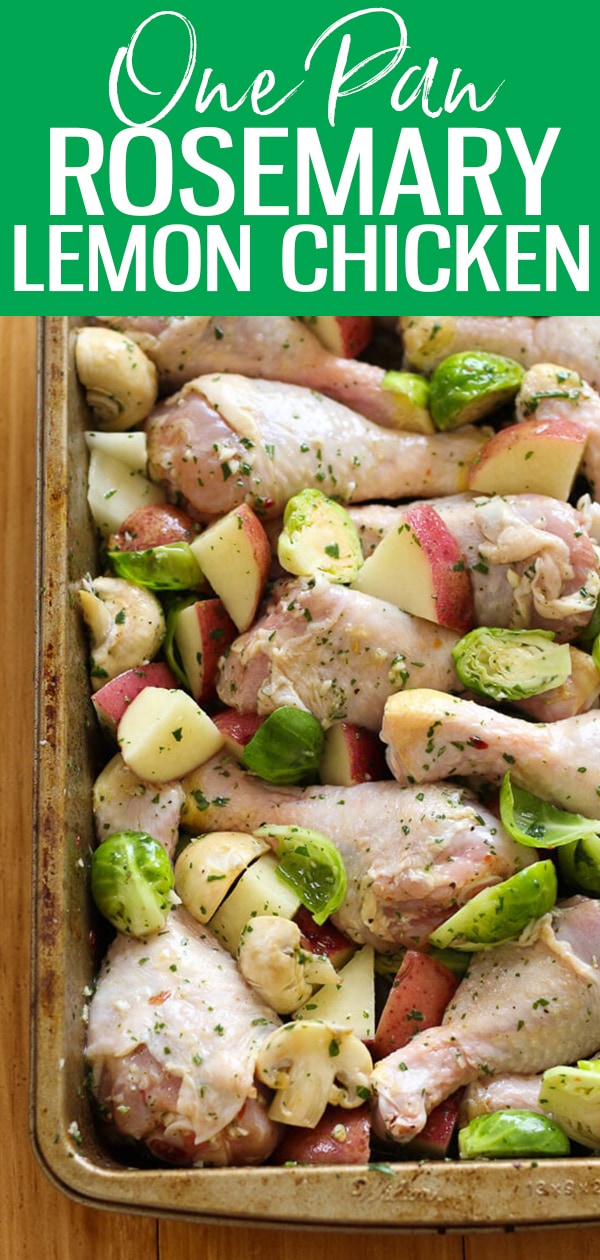 One Pan Oven Roasted Lemon Chicken is made with chicken drumsticks, potatoes, brussels sprouts & mushrooms in a lemon rosemary sauce. #onepan #lemonchicken