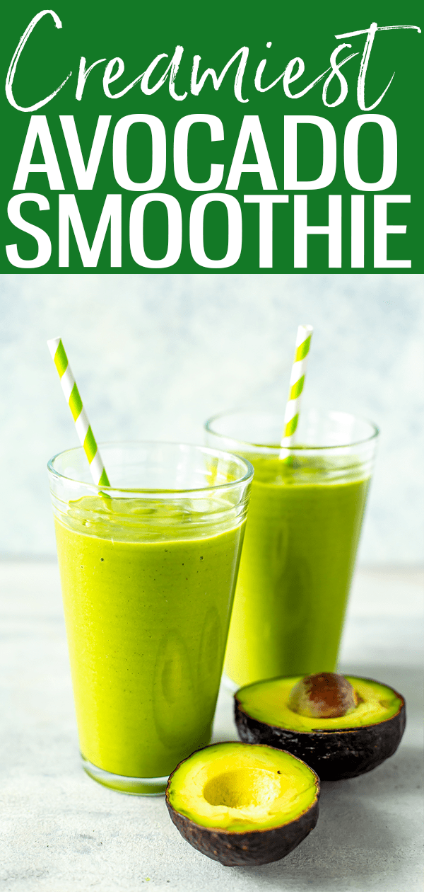 This is the Creamiest Avocado Smoothie in existence! Just add frozen avocado, frozen mango, banana, protein powder, coconut milk and spinach. #avocadosmoothie #healthysmoothies