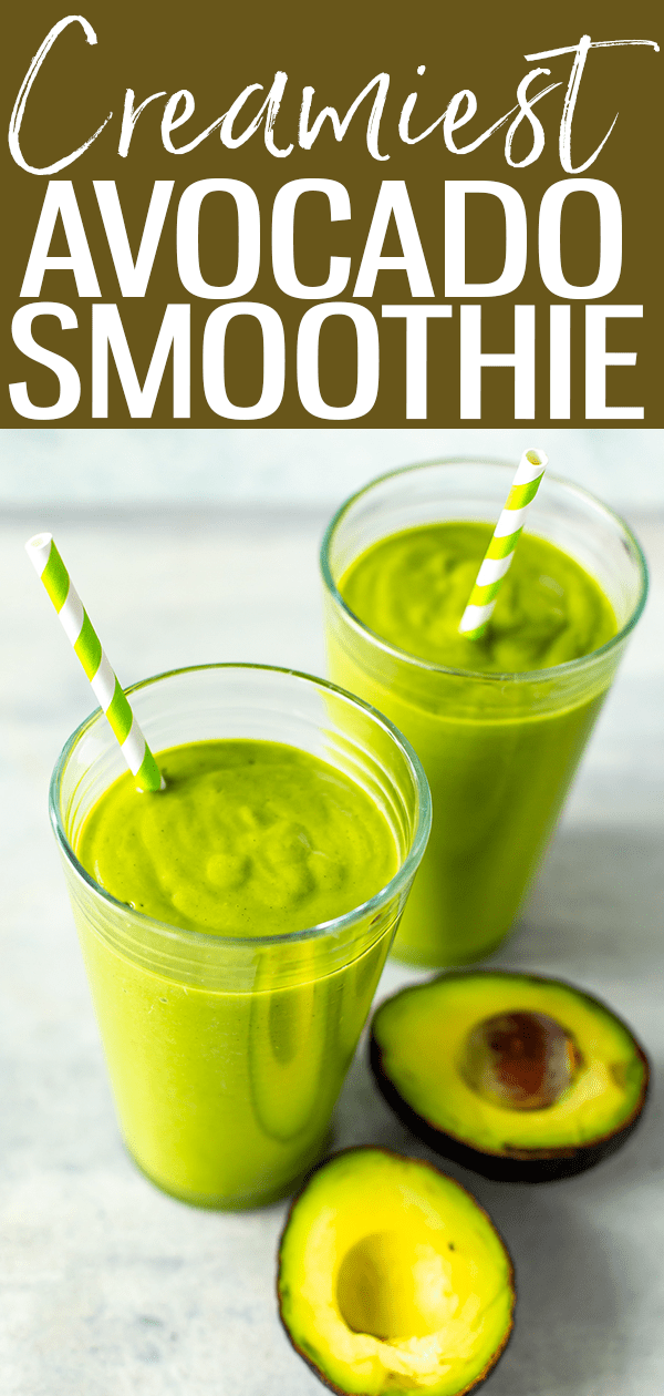 This is the Creamiest Avocado Smoothie in existence! Just add frozen avocado, frozen mango, banana, protein powder, coconut milk and spinach. #avocadosmoothie #healthysmoothies