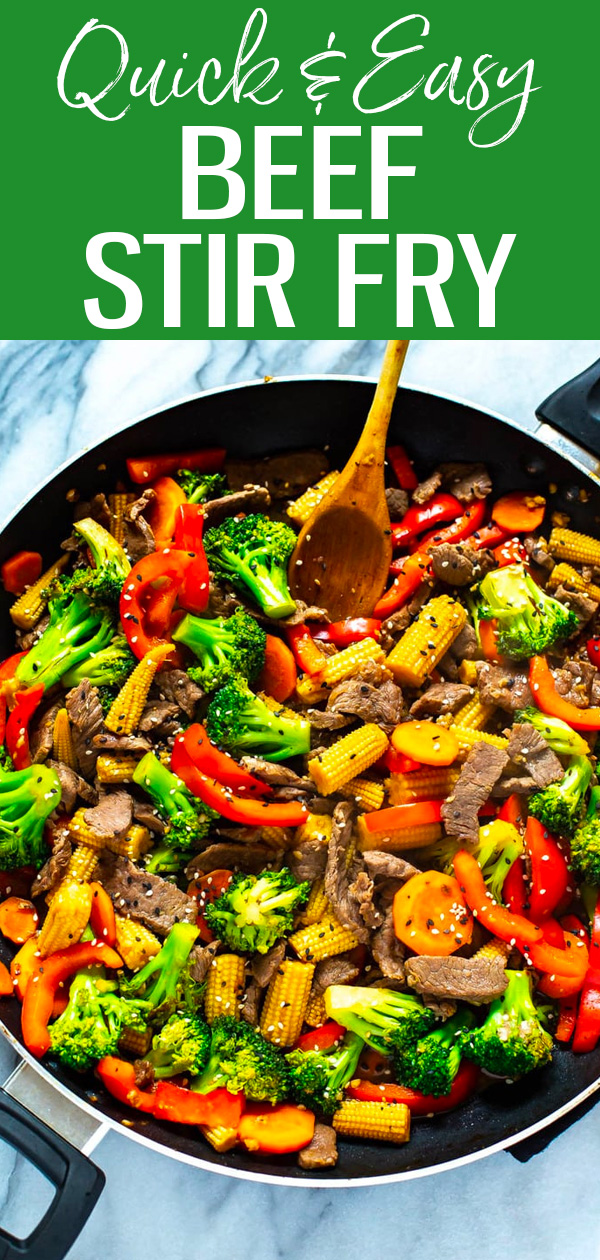 This is the EASIEST Beef Stir Fry recipe with a 2-ingredient stir fry sauce. You likely already have all the ingredients in your pantry! #beefstirfry #skilletrecipe