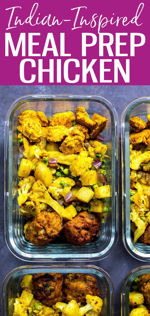 These Indian-Inspired Chicken Meal Prep Bowls are super easy to make and come together on one sheet pan – they’ve even got pakoras! #sheetpan #chickentandoori