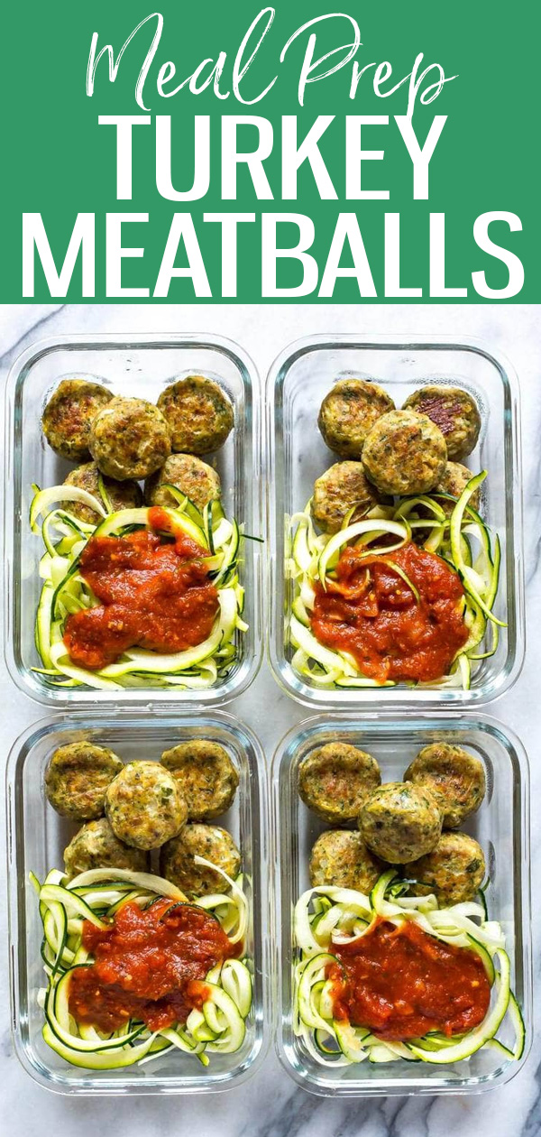 These Easy Baked Turkey Meatballs are freezer-friendly and perfect for meal prep! Serve them with zucchini noodles for a low carb meal. #mealprep #turkeymeatballs