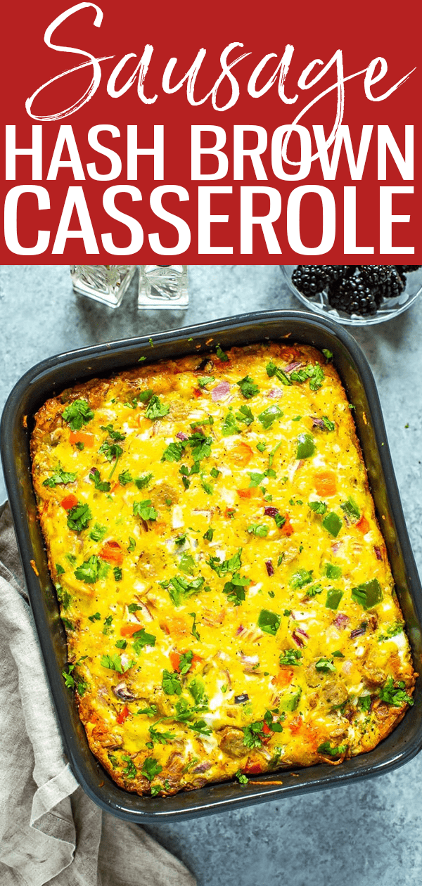 This Sausage Hashbrown Breakfast Casserole is made healthier, thanks to turkey breakfast sausage and less cheese. It's a great meal prep idea that is also freezer-friendly! #breakfastcasserole #mealprep