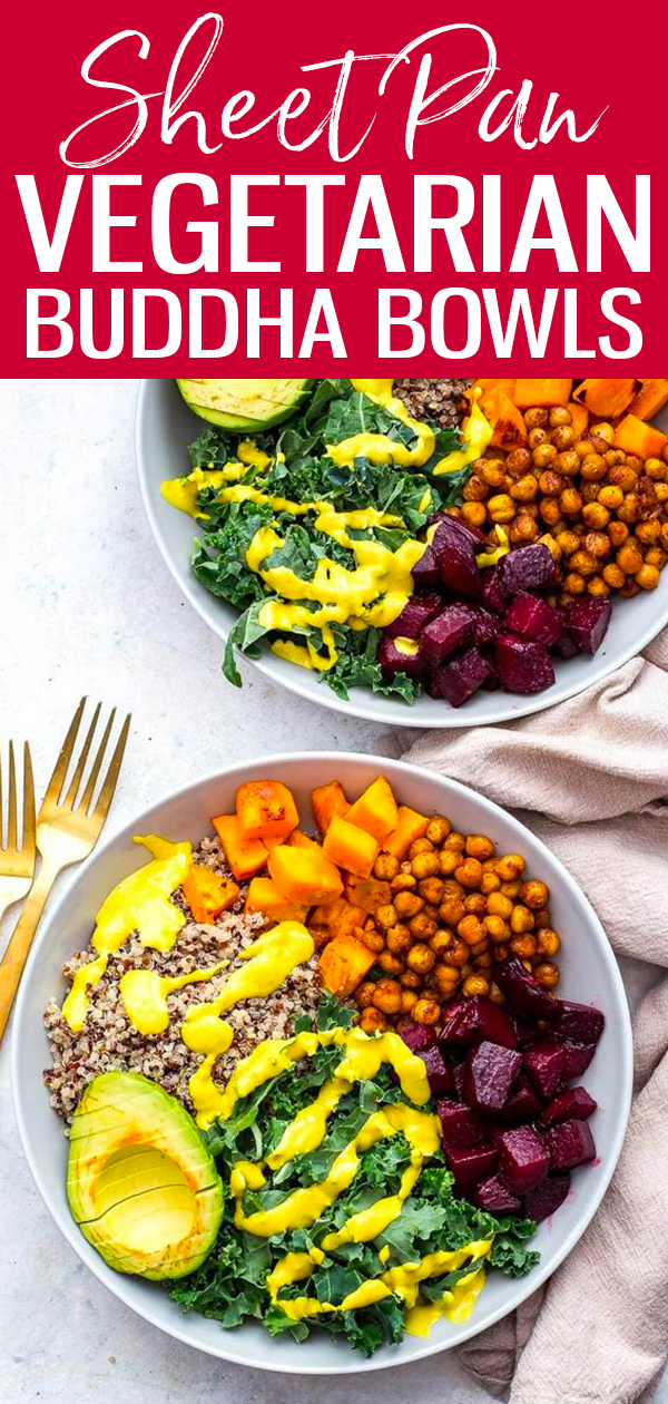 These Sheet Pan Buddha Bowls with Turmeric Tahini Dressing are a delicious, vegan lunch idea that can be made almost all on one pan! #sheetpan #buddhabowls