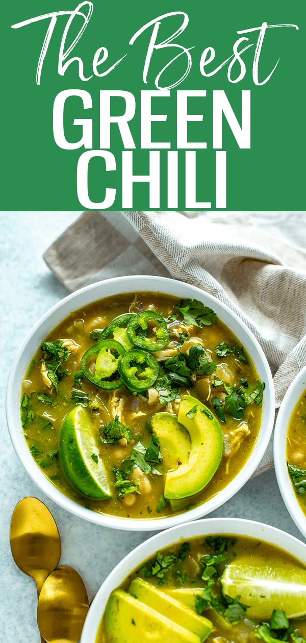 This is the BEST Green Chili Recipe, made with chicken, tomatillo salsa, green chilies & anaheim peppers - it's packed with flavor! #greenchili #mealprep