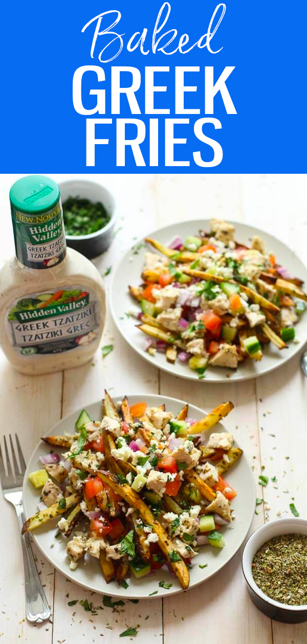These Homemade Greek Fries are a healthy dinner idea loaded with chicken and Mediterranean-inspired flavours like tzatziki and feta! #greekchicken #loadedfries