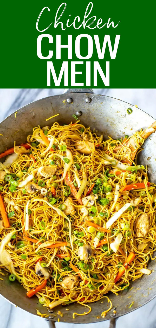 This Chicken Chow Mein tastes just like takeout, and comes together in one skillet in 30 minutes! The easy sauce is made with pantry staples. #chowmein #takeout