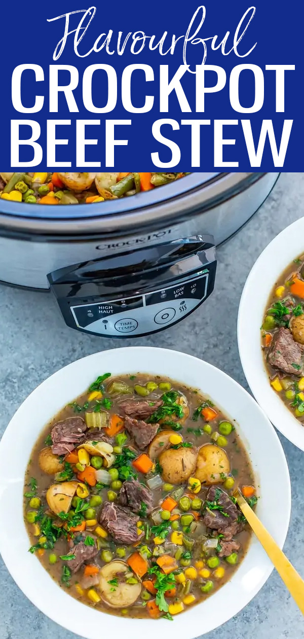 This Slow Cooker Beef Stew is super flavourful with fall-apart tender meat. It’s the ultimate comfort food for fall and winter! #crockpot #beefstew