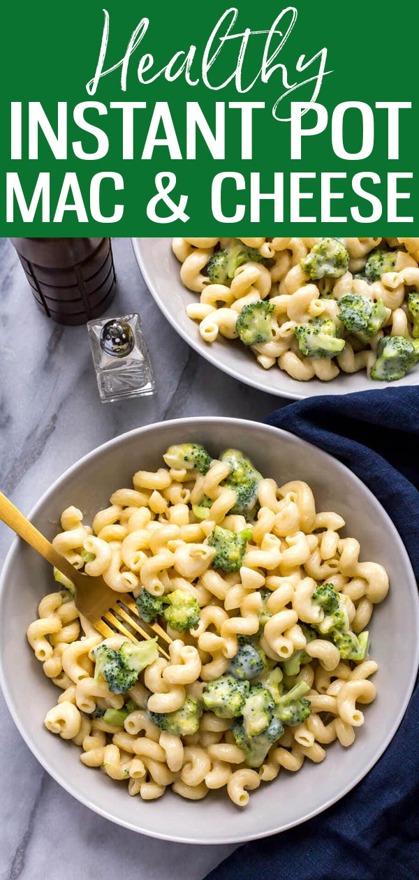 This Healthy Instant Pot Mac and Cheese with broccoli and white cheddar is comfort food at its finest without all the extra calories! #whitecheddar #macandcheese #instantpot